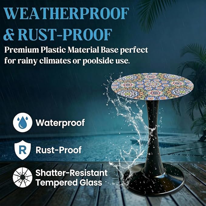 13.4" Outdoor Side Table, Round Patio Bistro Table Printed Tempered Glass Top, Waterproof Rust-Proof Base, Small Plant Stand for Balcony, Garden, Deck, 21.6" H (Morocco)