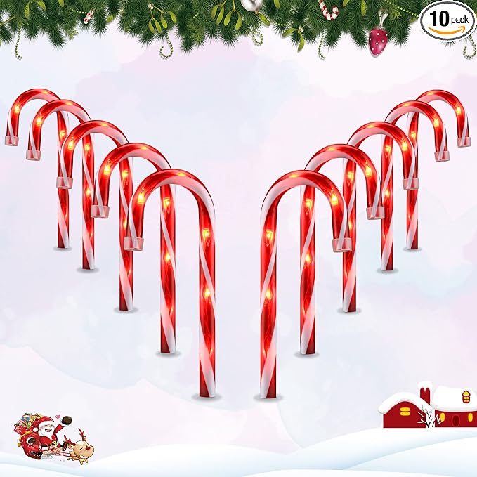 10 Pack Candy Cane Pathway Lights, Light Up Outdoor Christmas Decoration | 10 In Tall, Waterproof, UL Listed, 11ft Total Length, for Driveway, Walkway, Garden, Yard, Indoor & Outdoor Christmas Decor
