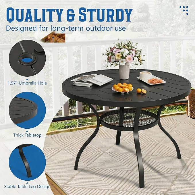 Incbruce Patio Dining Table, 41" Round Table Metal Steel Slat Table with 1.57" Umbrella Hole, for Backyards, Porches, Gardens, or Poolside