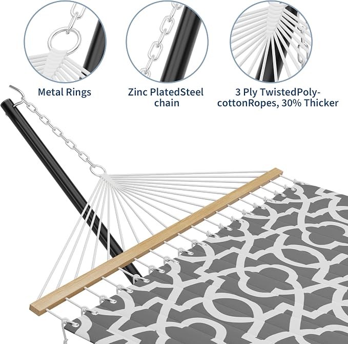 Double Hammock with Stand, Outdoor Freestanding Hammock for Two People, Max 475lbs Capacity, Heavy Duty Steel Frame, Quilted Pillow & Portable Carry Bag, Easy Assembly, Light Gray Geometric Patterns