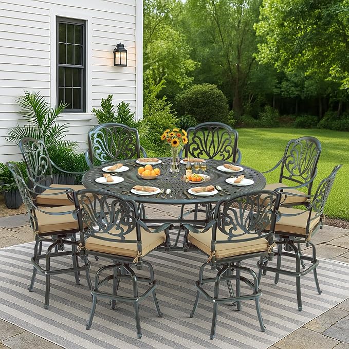 VIVIJASON 61" Round Patio Height Bar Table, All-Weather Cast Aluminum Large High Top Dining Table with 2" Umbrella Hole for Deck Garden Backyards, Fits for 6-8 Person, Dark Bronze