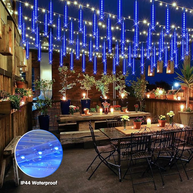JMEXSUSS Solar Lights for Outdoor Decor, Solar Meteor Shower Lights Outdoor | 8 Tube 144 LEDs , Hanging Blue Christmas Lights for Tree Yard Icicle Garden Patio Gazebo Eaves Front Porch Decor