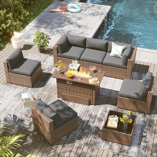 LazySunsets 8 Piece Outdoor Patio Furniture Set with 44'' Fire Pit Table, Outdoor Patio Furniture Set with 4'' Thicken Cushion, Wicker Rattan Outdoor Conversation Set for Backyard & Garden, Grey