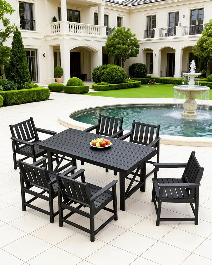 7-Piece Patio Dining Table Sets, Outdoor HDPE Dining Furniture Set with Umbrella Hole Table and 6 Chairs for Poolside, Porch, Yard and Garden, Black