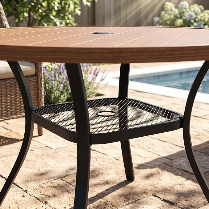 VICLLAX Metal Outdoor Dining Table for 4, All Weather 40.7" Black Round Patio Table with Adjustable Umbrella Hole for Lawn, Garden, Balcony and Poolsides, Walnut Wood Grain Tabletop