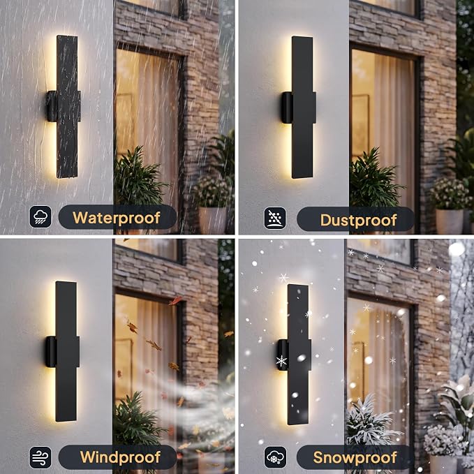 2 Pack LED Outdoor Wall Lights Dimmable, 3000K/4500K/6000K, 15.7" Modern Black Outdoor Wall Sconce, Linear IP65 Waterproof Exterior Wall Light Fixture for Entrance, Hallway, Garage, Porch