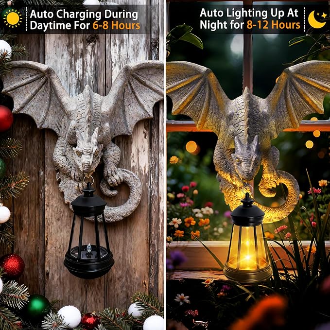 Dragon Tree Hugger Garden Statue - Resin Dragon Figurine Wall Hanger Sculptures Decor with Solar Lantern Lights, Outdoor Waterproof for Balcony Wall Porch Yard, Gifts for Mom Women Birthday