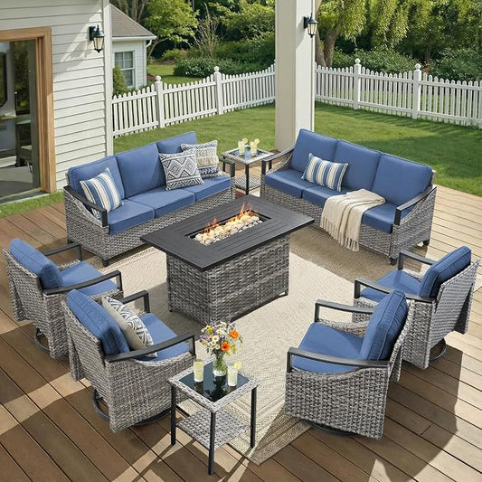 Patio Furniture Set with 42.5" Fire Pit Table-9 Pieces All Weather Wicker Outdoor Furniture with High Back Swivel Patio Chairs Set of 4 Outdoor Patio Conversation for Deck Garden Blue/Gray