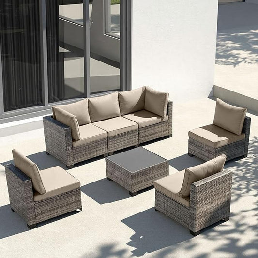 7-Piece Outdoor Patio Furniture Set, Gray PE Rattan Sectional Sofa with Dark Khaki Cushions and Steel Frame, Coffee Table Included, Modular Outdoor Conversation Set for Patio Garden Poolside