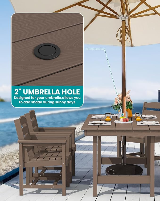 SERWALL 8-Pc HDPE Dining Set, 1 Table, 1 Umbrella & 6 Chairs, Coffee | Patio Dining Set with Umbrella, 67"Rectangular Table & 6 Chairs & 15FT Umbrella, All Weather Dining Furniture