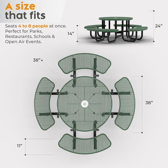 Round Metal Picnic Tables for Kids for Outdoors with Umbrella Hole, Adjustable Seats for School, Park, Playground (Green, 38 in, Kids, Expanded Steel)
