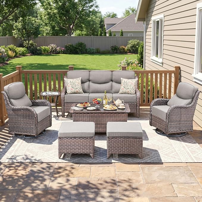 Swivel Patio Chairs sofa Set of 7 - 6" Thick Cushion - Wicker Outdoor Swivel Rocker Patio Chair ,Sofa/Glass coffee table, High Back Comfortable Outdoor Glider Chairs - Brown Wicker | Grey Cushions
