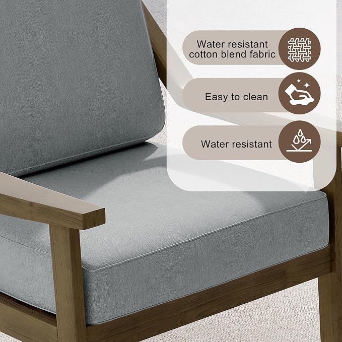 Outdoor Patio Furniture Set, 3 Piece Patio Conversation Sets with Washable Thick Cushions, All-Weather Solid Wood Patio Bistro Set for Porch, Balcony, Natural Frame & Gray Cushion