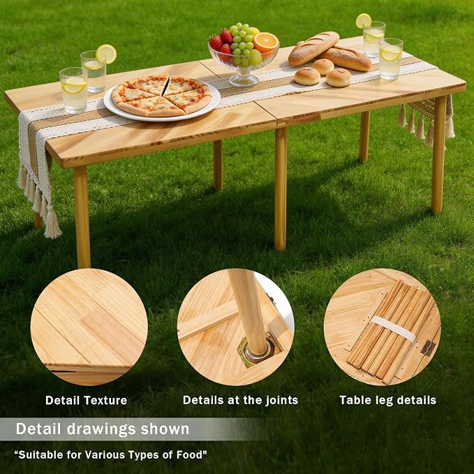 Boho Picnic Table, Portable Low Floor Sitting Table, Outdoor Folding Low Picnic Table for 6 Person, Wooden Low Table with Table Runner for Backyard, Beach, Camping, Wedding