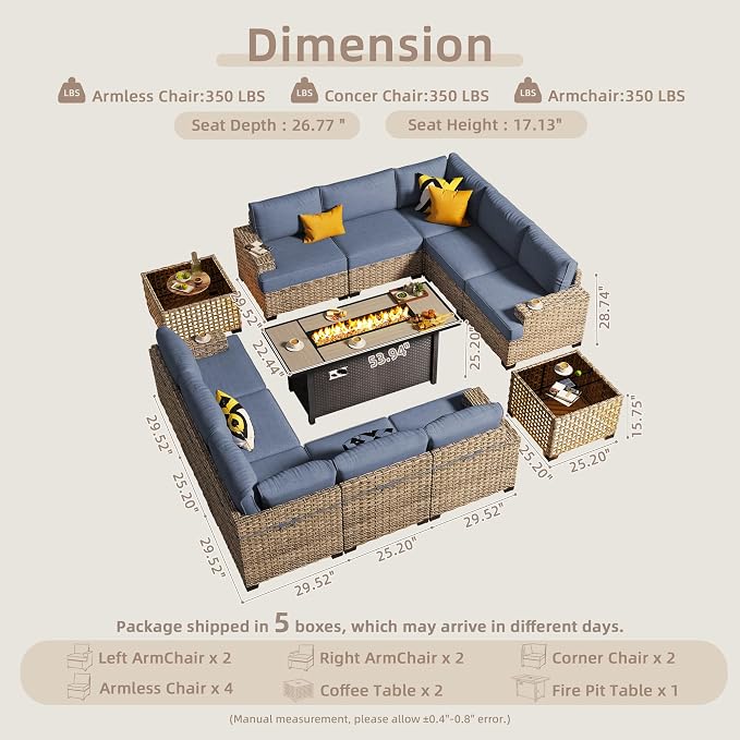 CAODOC Outdoor Sectional Patio Furniture Set with Fire Pit Table,13 Pieces Wicker Conversation Sets L Shaped Couch,Extra Deep Out Door Sofa Outside Furniture, Light Blue