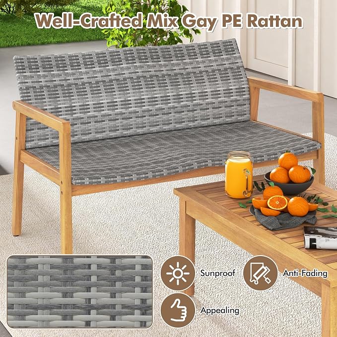 Tangkula 4 Pieces Outdoor Furniture Set, Acacia Wood Frame Sofa Set w/Rattan Seat & Back, Patio Conversation Set w/Coffee Table for Balcony, Poolside, Backyard (Mix Gray)