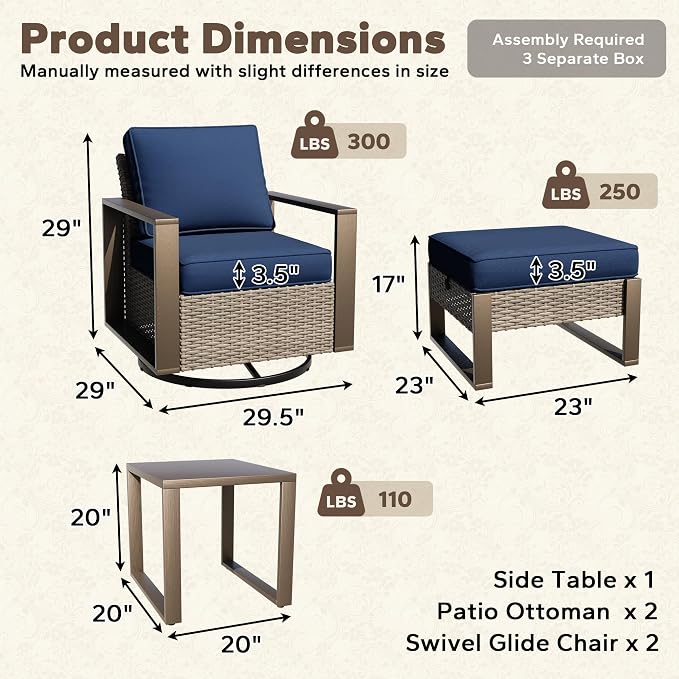 5 Pieces Metal Wicker Patio Furniture Set - 2 Swivel Rocker Chairs and 2 Ottomans, 1 Side Table, All Weather Rattan Outdoor Conversation Furniture with Washable Cushion for Deck Porch, Dark Blue