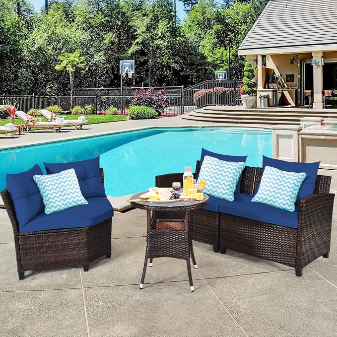 COSTWAY 4-Piece Patio Furniture Set, Wicker Rattan Sofa with Cushions and Coffee Table, Outdoor Sectional Conversation Sofa Set for Poolside Backyard Lawn Backyard (Navy)