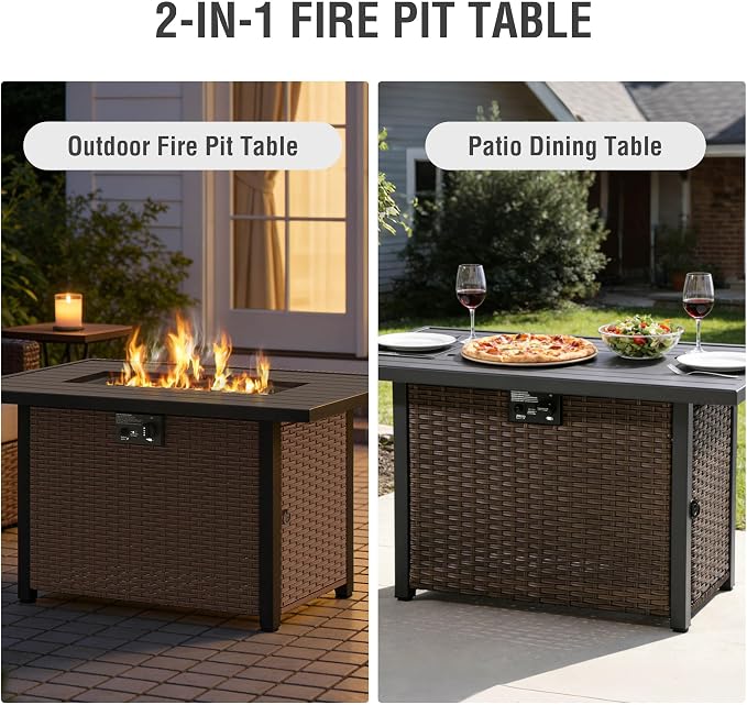 5-Piece Patio Furniture Set, Featuring a fire Pit Table, Rattan Swivel Chairs, Patio Sofa, and Side Table. Ideal for backyards, patios, and Poolside Areas.