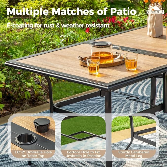 SUNSHINE VALLEY 7 Pcs Patio Dining Set for 6, Rectangular Metal Dining Table (PVC Table Top) with Umbrella Hole and 6 Chairs, Outdoor Dining Set for Lawn Garden Deck, Blue