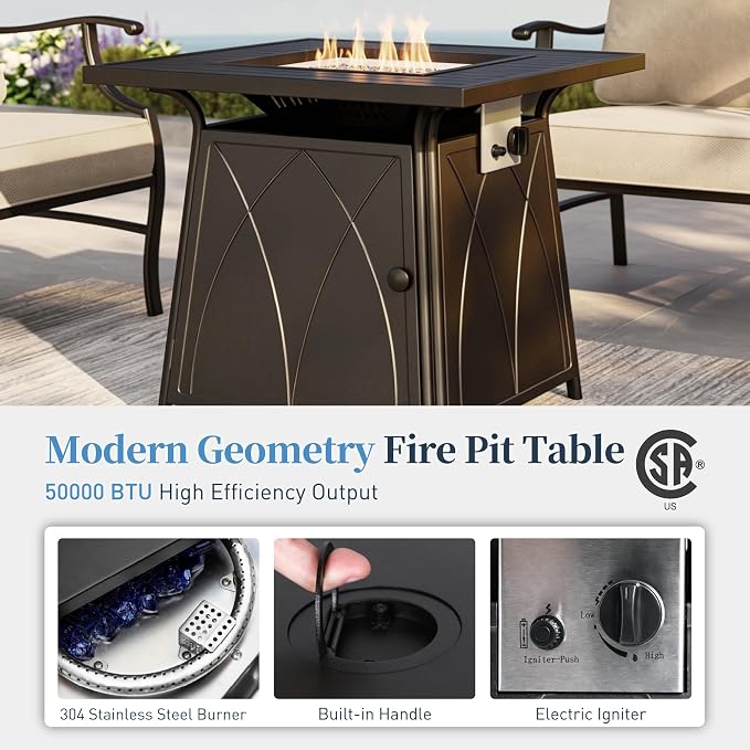 SUNSHINE VALLEY Patio Furniture Set with Firepit Table, 5 Piece Metal Outdoor Patio Furniture set for 4, 4 Single Chairs with 5.75" Extra Thick Cushion and Gas Firepit Table for Backyard Poolside Deck