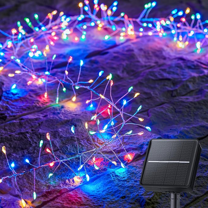 120 LED Solar Fairy Lights Outdoor Waterproof IP65, 10FT 8 Lighting Modes | Solar Christmas Lights Outdoor Waterproof Cascading Twinkle Lights Balcony Garland Patio Christmas Decorations, Multicolor