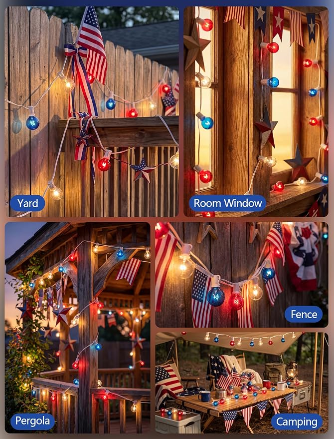 SUNSGNE 4th of July Decorations Outdoor Connectable String Lights with Waterproof Red White and Blue G40 Bulbs, 25 Feet for Garden Patio Patriotic Independence Day Theme Holiday Decor