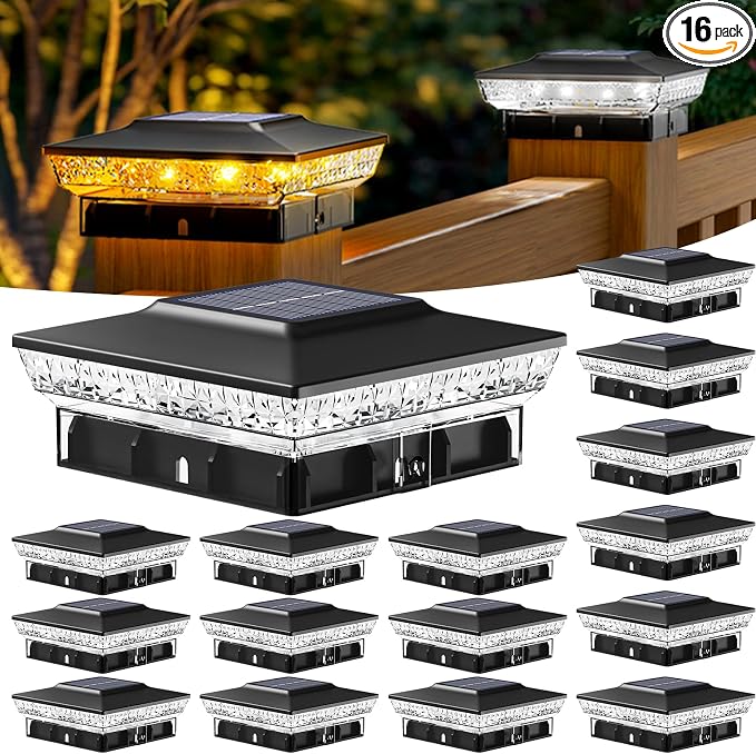 btfarm 4x4 Solar Post Cap Lights Outdoor, 16 Pack Fence Deck Post Lights Solar Powered, 2 Modes 16 LED Waterproof Black Outside Light Fit 3.5x3.5 4 x 4in Wooden/Vinyl Posts for Porch Patio Garden