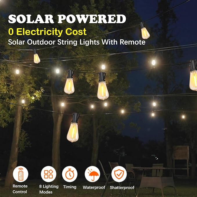 Stright 60FT Solar String Lights Weatherproof 15 LED for Patio Holiday | Weatherproof with Remote, Solar Powered LED Edison Bulb, 15 Sockets, For Patio Backyard Fence