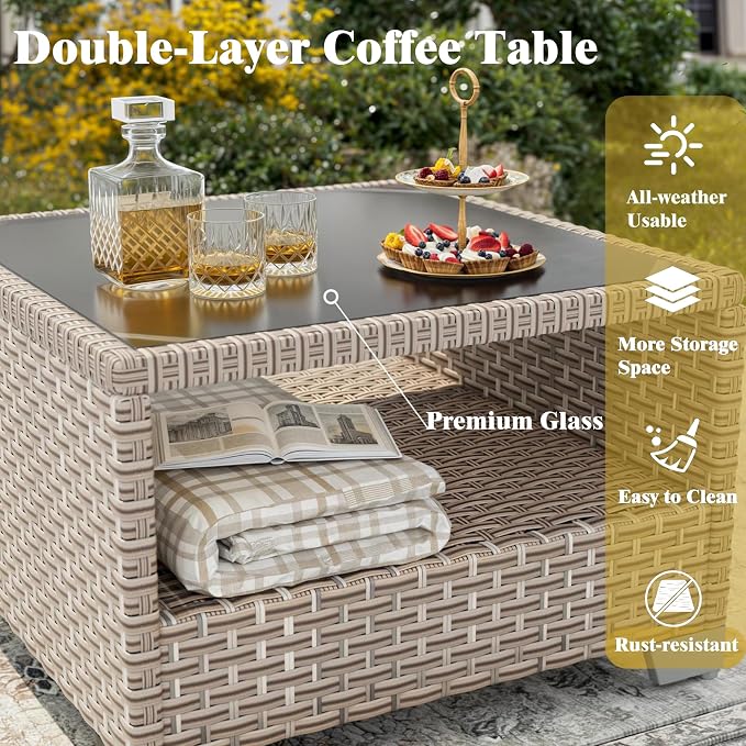 11 Pieces Patio Furniture Set, Outdoor Sectional Wicker Sofa with Thick Cushions and Storage Coffee Table, Rattan Patio Conversation Sets for Deck Garden Poolside, Navy