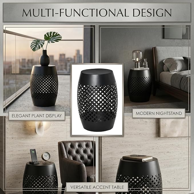 12.5" Metal Outdoor Side Table, Round Hollow Drum Patio End Table with Lattice Pattern, Modern Steel Accent Table for Garden, Balcony, Poolside and Indoor, No Assembly, Black, 18" H