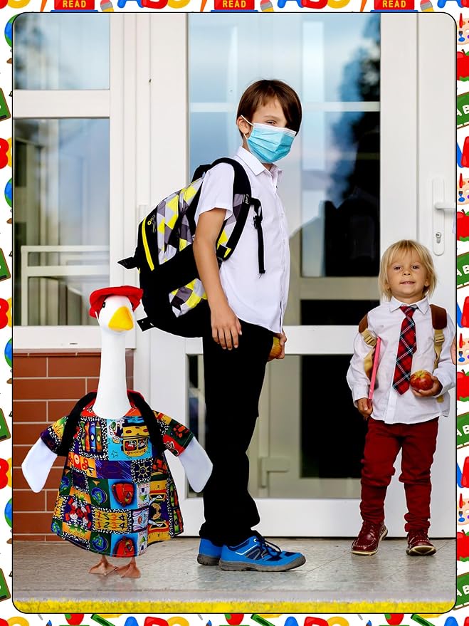 Outus Funny Back to School Porch Goose Outfits Includes Stationery Shirt, Washable Schoolbag and Hat First Day of School Classroom Goose Porch Clothing for Outdoor Garden Yard Patio Lawn Statue