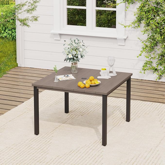 VICLLAX Square Patio Dining Table for 4, Outdoor Patio Table with Umbrella Hole for Garden Lawn Deck Backyard, Antique Grey Tabletop