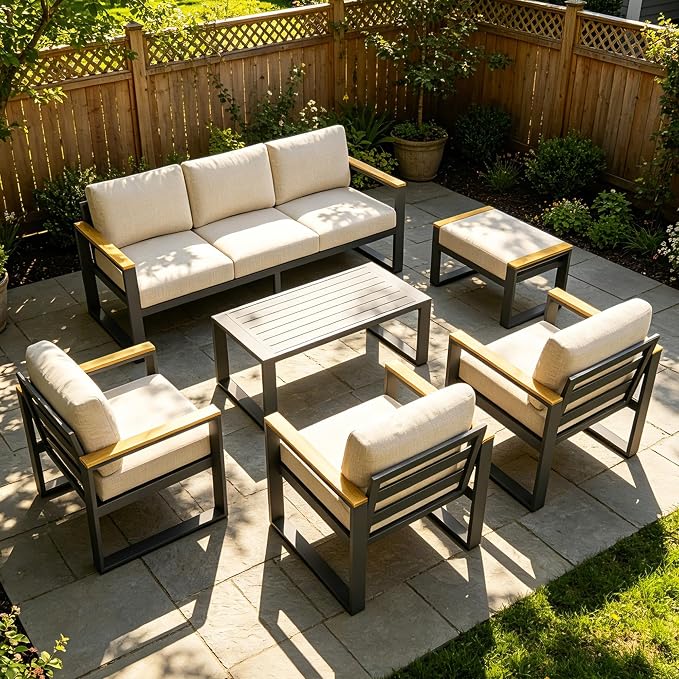 IDEALHOUSE Aluminum Patio Furniture Set, 7 Seats Outdoor Patio Conversation Sets with Coffee Table, 6 Pieces Metal Conversation Sectional Furniture Sofa for Balcony, Garden, Deck, Backyard,Beige
