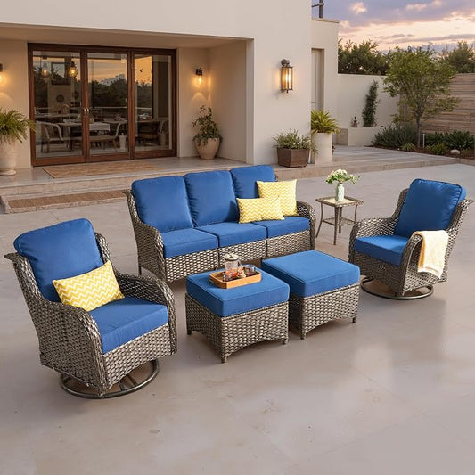 ovios 6-Piece Patio Furniture Set with Swivel Chairs Side Table, Outdoor Wicker Sofa with Comfy Cushions, High Back Couch Modern Conversation Sets, Brown/Navy Blue