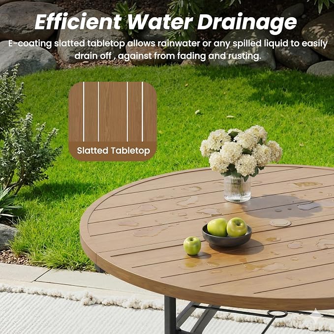 Soohow Patio Dining Set for 6, 7-piece Outdoor Dining Set 6 x Stackable Patio Chairs & 1 x Wood-Like Round Table with Umbrella Hole, All-Weather Outdoor Table and Chairs for Backyard, Balcony, Porch