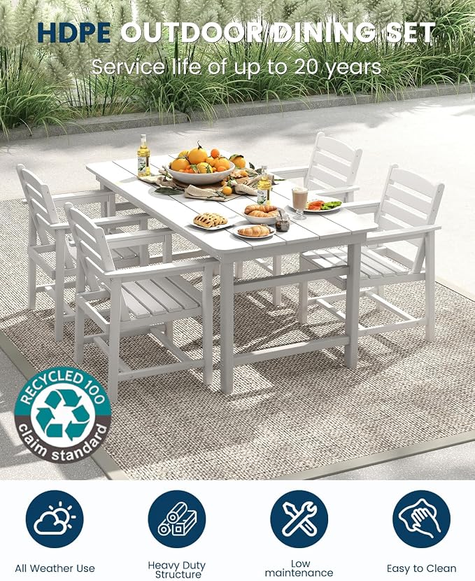 FOOWIN Outdoor Table and Chairs Set 5-Piece HDPE All Weather Patio Dining Set with Umbrella Hole,Outdoor Patio Furniture Dining Set for 4,Patio Kitchen Table Set for Garden,Backyard,Poolside, White