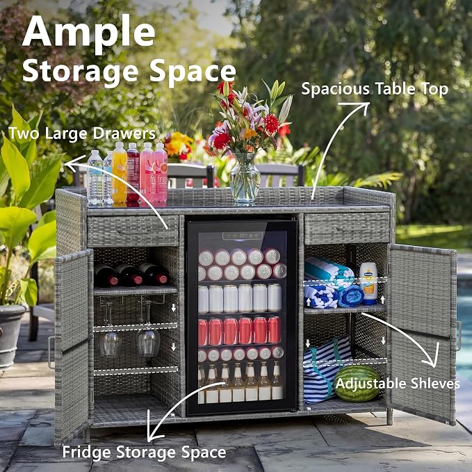 RUNNA 53.5" W Outdoor Wicker Storage Cabinet with Fridge Space,Weatherproof Outdoor Mini Fridge Bar Cabinet with Adjustable Shelves & Drawers for Pool Towel Storage,Garden,Kitchen (Grey#64)