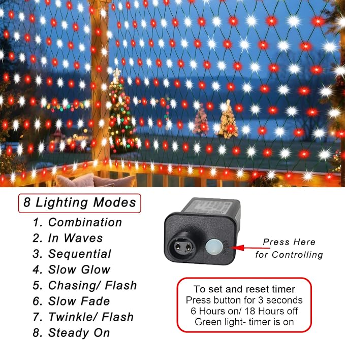 Red and White Christmas Net Lights Outdoor, 21x 5ft Green Wire | 360 LED Large Net Mesh Lights Plug in, 8 Modes Waterproof Connectable Bushes Lights for Christmas Hedge Yard Decor