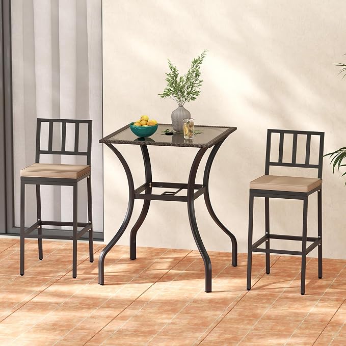 Tangkula Bistro Bar Table, 28.5" Square Bar Height Bistro Table w/ 2" Umbrella Hole, Silkscreen Glass Tabletop & Rattan Edge, Heavy-Duty Metal Legs, Outdoor Patio Bar Table for Poolside, Backyard