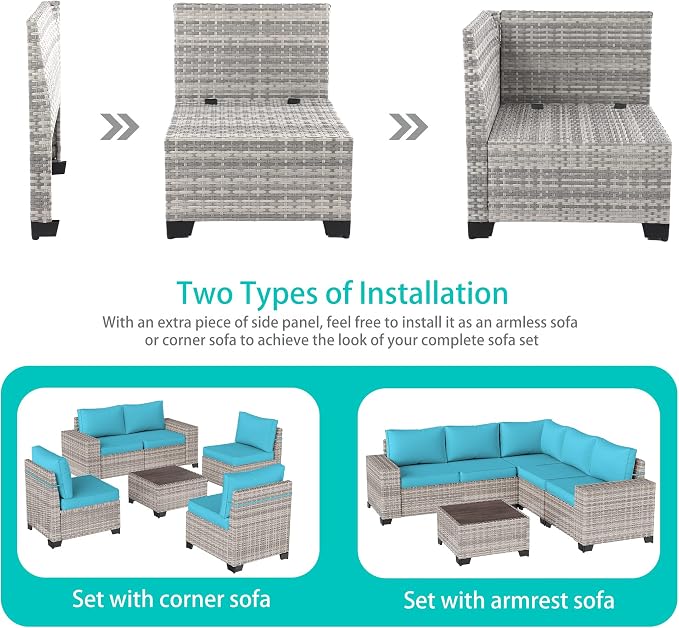13-Piece Outdoor Patio Furniture Set with 55,000 BTU Fire Pit Table, PE Wicker Rattan Sectional Sofa Patio Conversation Set with Thickened Cushions & Coffee Table, Turquoise