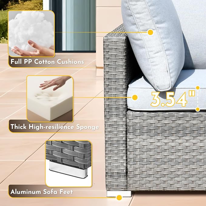 Weaxty 11 Piece Patio Furniture Set with Fire Pit Table, Outdoor Sectional Couch Swivel Rocker Patio Chairs with Coffee Table Wicker Conversation Sets for Balcony Backyard, Light Gray