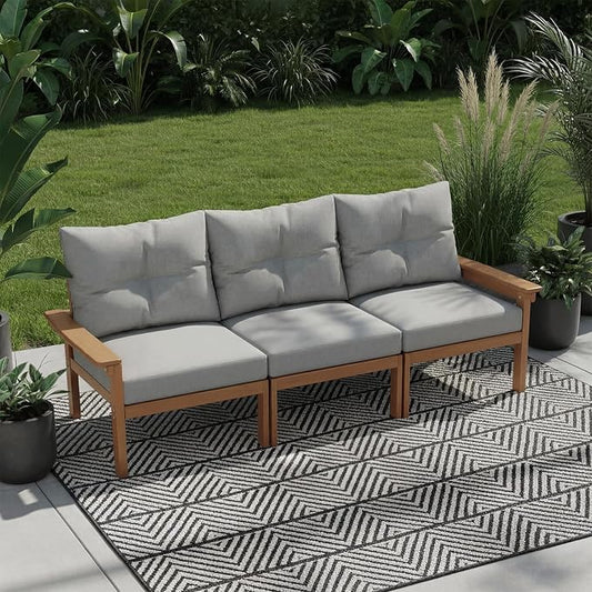 HDPE 3 Piece Patio Furniture Set, All-Weather Outdoor Couch Set with Thick Cushions, Patio Conversation Sets for Lawn, Garden, Porch, Deck, Balcony, Poolside, Teak Frame Grey Cushion