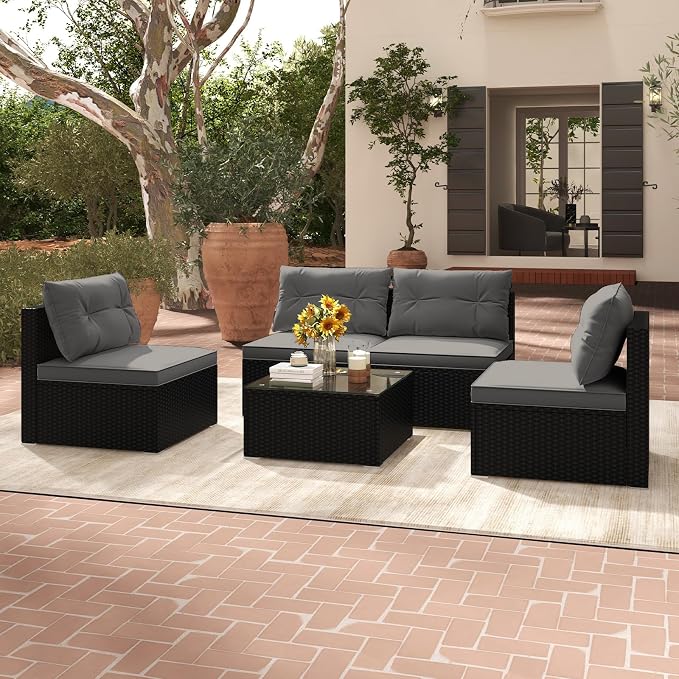 RELAX4LIFE 5-Piece Outdoor Patio Furniture Set, Rattan Sectional Sofa Set w/Glass-Top Coffee Table, Soft Seat & Back Cushions, Bistro Set for Garden Backyard Porch, Wicker Conversation Set (Grey)