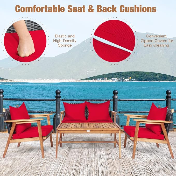 COSTWAY 4 Pieces Acacia Wood Patio Conversation Set, Outdoor Wicker Sofa with Coffee Table & Cushions, Patio Rattan Furniture Set for Yard, Porch, Poolside, Balcony, Backyard, Red
