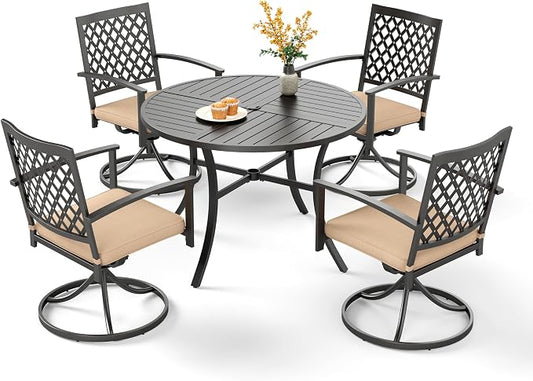 PHI VILLA 5 Pcs Outdoor Dining Set for 4&Round Metal Table | Table w/ Umbrella Hole & Swivel Wrought Iron Chairs w/h Cushions, Large Modern Furniture for Patio, Deck, Backyard, Porch