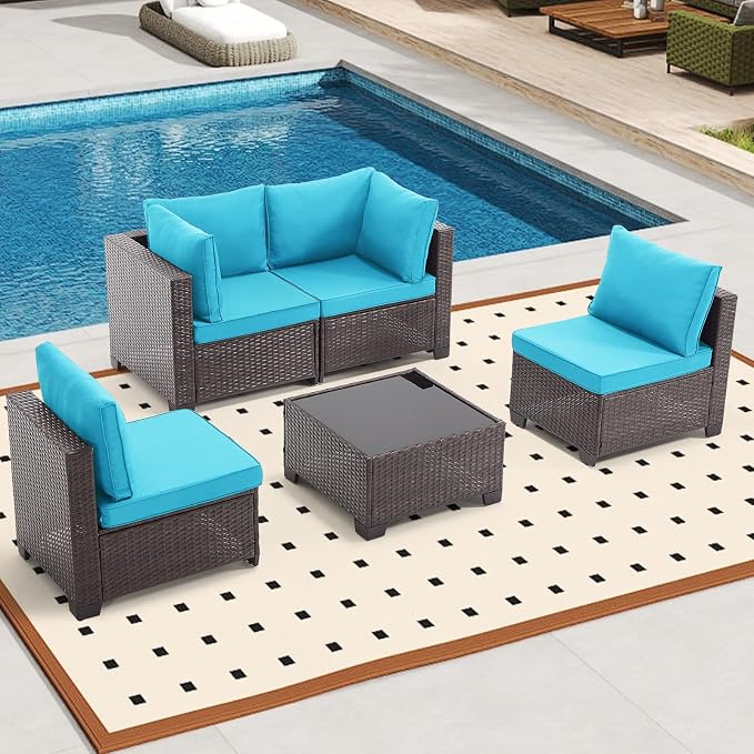 Bonzy Home 5 Pieces Outdoor Patio Furniture Set, PE Rattan Outdoor Sectional Furniture Sofa Set with Removable Cover and Glass Coffee Table, Patio Sofa for Balcony, Porch, Garden, (Brown-Turk Blue)
