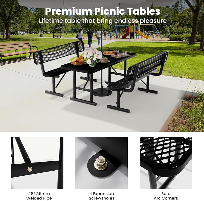 6FT Metal Picnic Tables for Outdoors, Commercial Rectangular Picnic Table for Outside, Park, Campfield, Patio, Garden, Yard, Thermoplastic Coating, Surface Mounted, Black