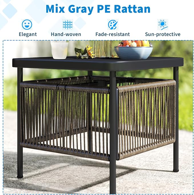 Tangkula Outdoor PE Rattan Side Table with 1.57” Umbrella Hole, Square Patio End Table with Metal Frame, Small Bistro Coffee Table for Porch, Balcony, Garden and Backyard (1)