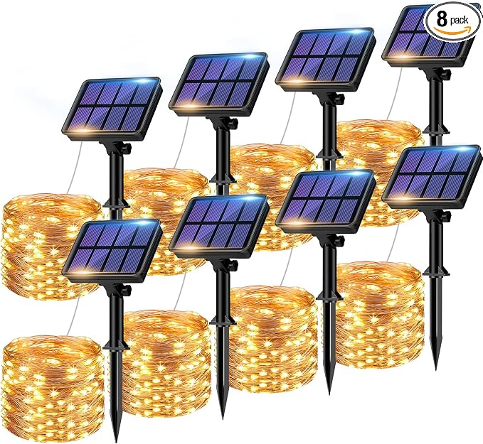 8 Pack Solar String Lights Outdoor, 640LED 264FT Waterproof 8 Modes Copper Wire Solar Twinkle Lights for Outside Garden Patio Tree Christmas Wedding Party Decor